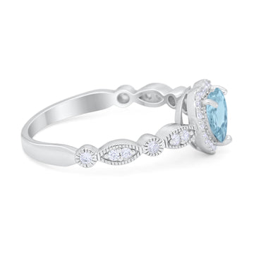 Art Deco Heart Promise Wedding Ring Simulated Aquamarine CZ 925 Sterling Silver